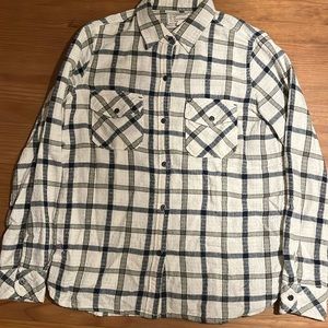 Current Elliott cream button-down plaid shirt with green and blue.